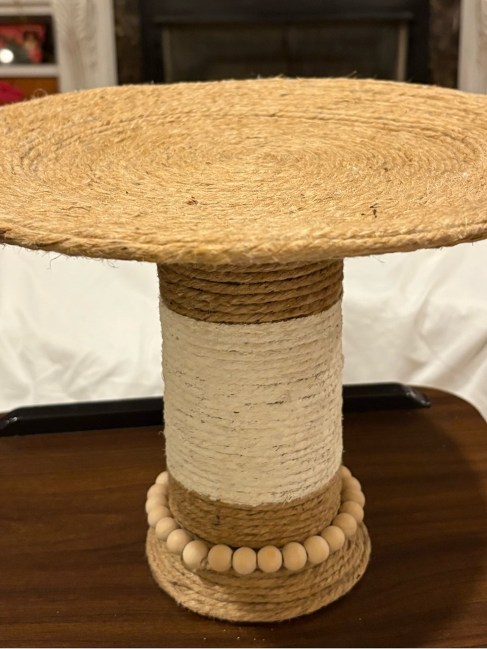 Natural Jute Rope Decorative Pedestal with White Accent